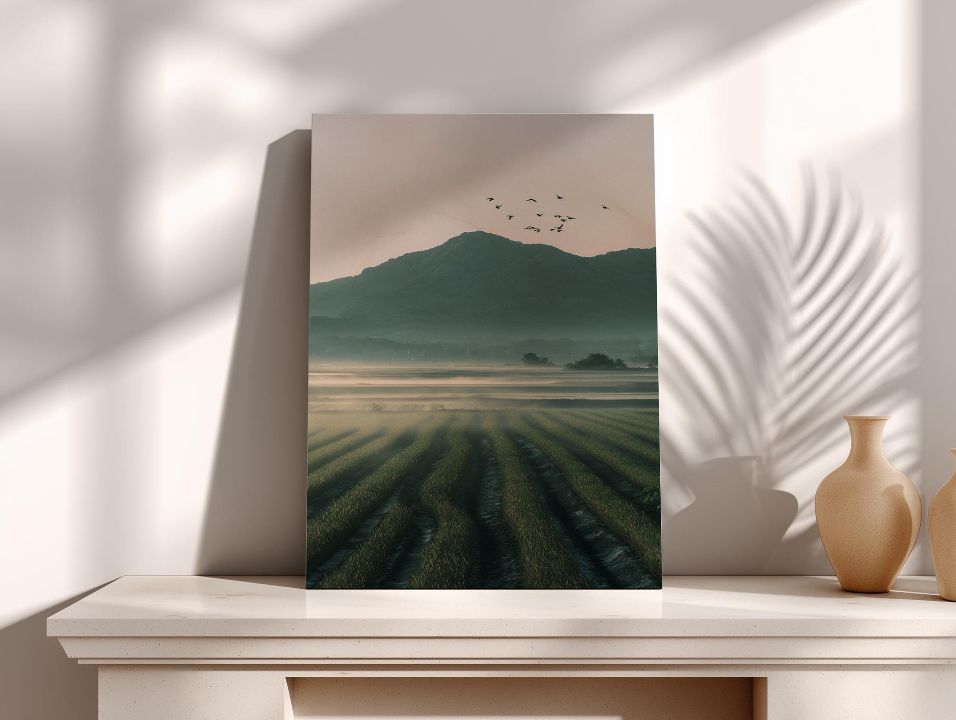 a serene landscape with a field of tall grass, a mountain in the background, and a flock of birds flying overhead.
