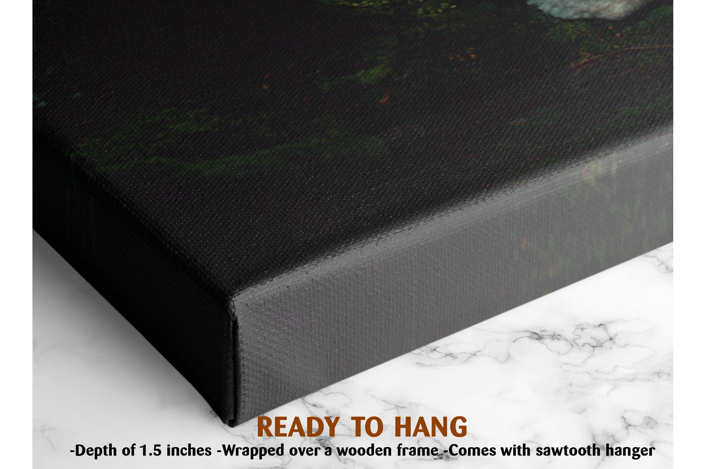 a close-up view of a black canvas or painting with a textured surface. The text in the image indicates that the artwork is ready to hang and is described as a &quot;depth of 1.5 inches&quot; wrapped over a wooden frame. It also mentions that the artwork comes with a sawtooth hanger.