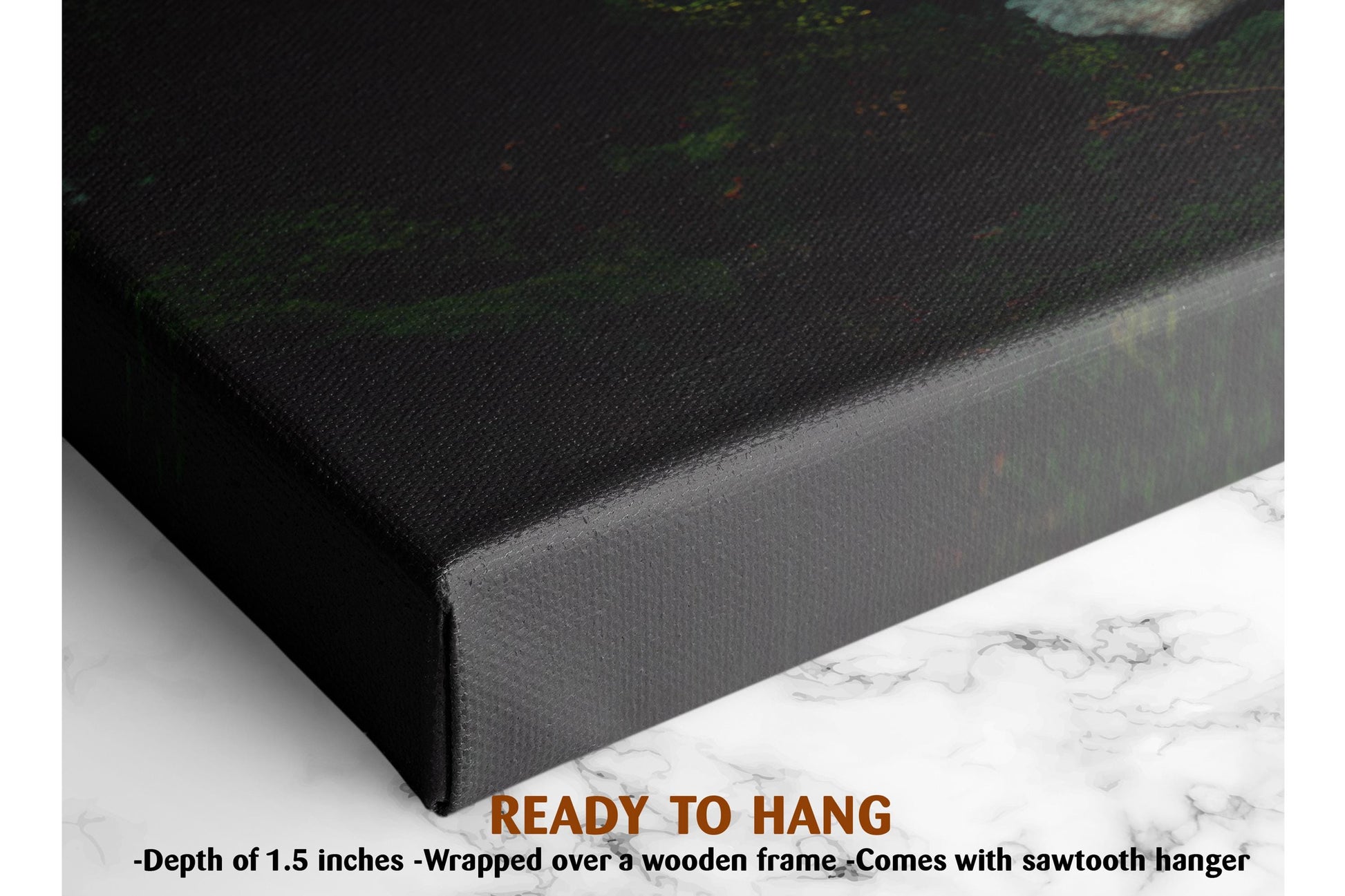 a close-up view of a black canvas or painting with a textured surface. The text in the image indicates that the artwork is ready to hang and is described as a &quot;depth of 1.5 inches&quot; wrapped over a wooden frame. It also mentions that the artwork comes with a sawtooth hanger.
