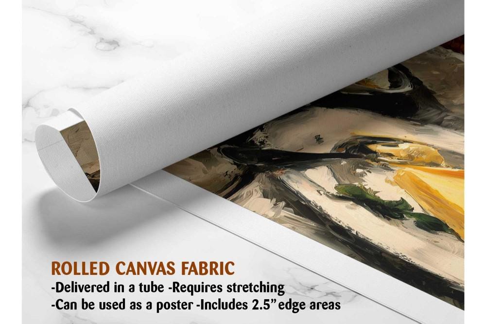 The image is a rolled canvas fabric, which is a type of canvas material used for painting or printing artwork. It is described as a tube-delivered canvas fabric, which means it is delivered in a tube and requires stretching before use. It can be used as a poster with a 2.5&quot; edge area.