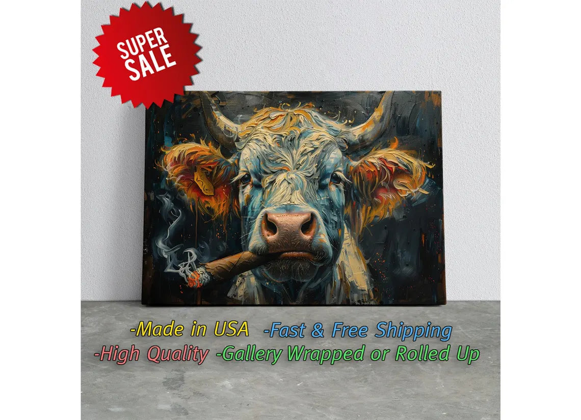 Highland Cow Canvas Print – Handmade Rustic Farm Animal Art on Fade Resistant Canvas