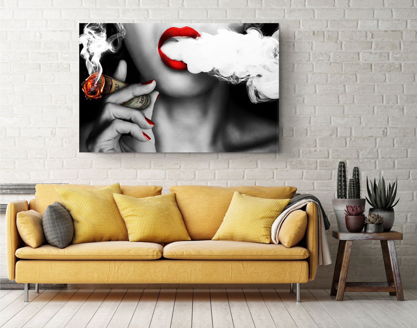 Canvas Wall Art - Sexy Lady Smoking Money Motivational Print with Red Lips