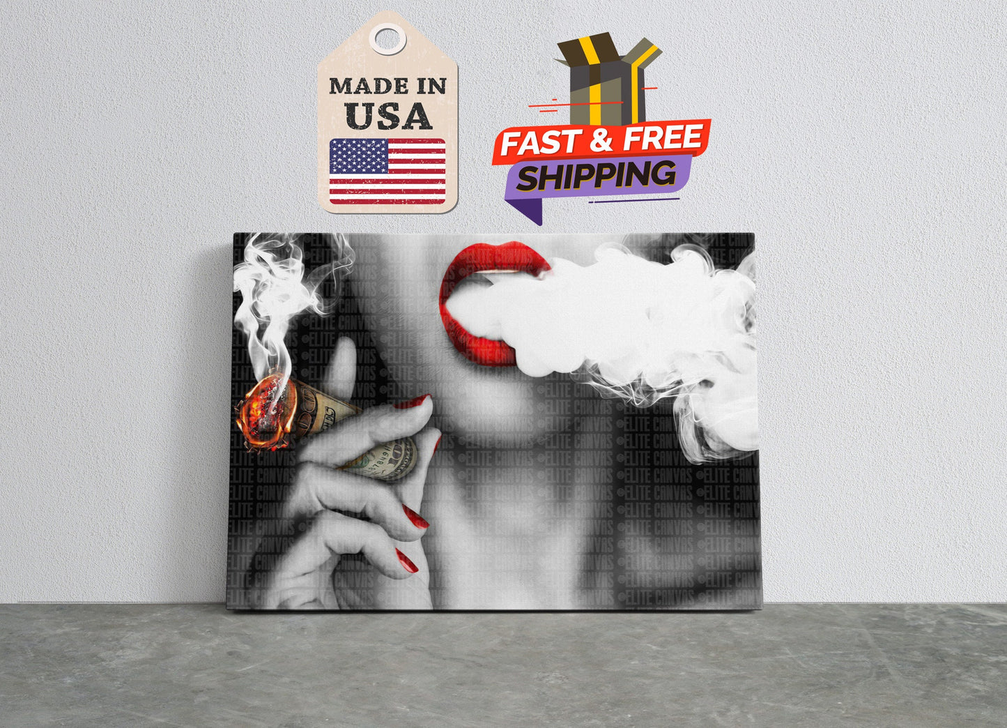 Canvas Wall Art - Sexy Lady Smoking Money Motivational Print with Red Lips