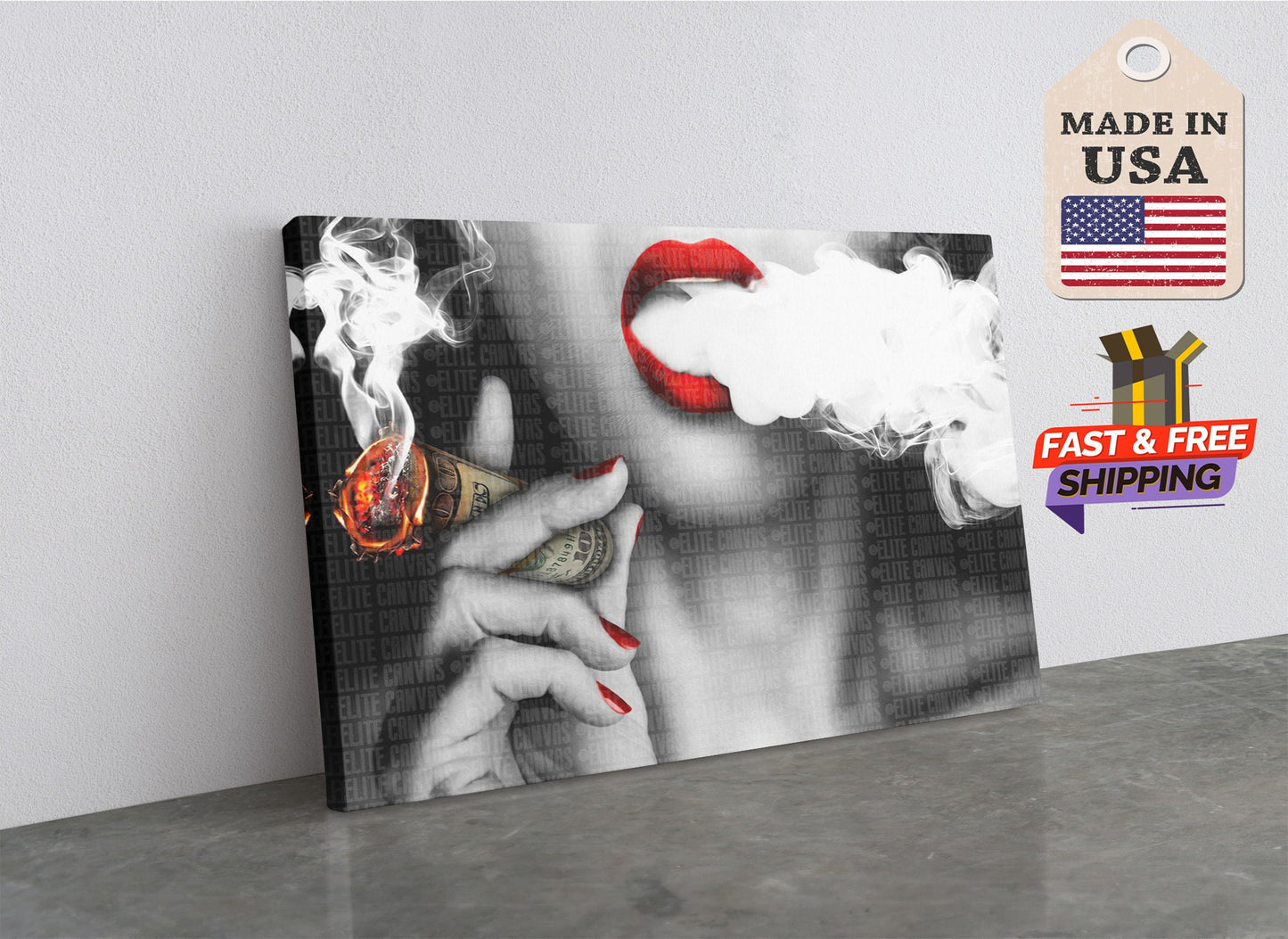 Canvas Wall Art - Sexy Lady Smoking Money Motivational Print with Red Lips