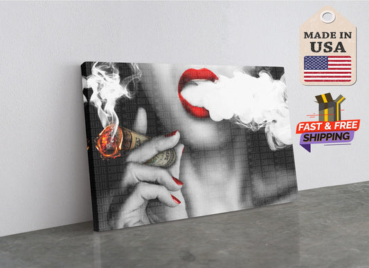 Canvas Wall Art - Sexy Lady Smoking Money Motivational Print with Red Lips