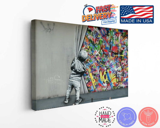 Banksy Canvas Print – Kid Peeking Graffiti Art on Museum Quality Canvas
