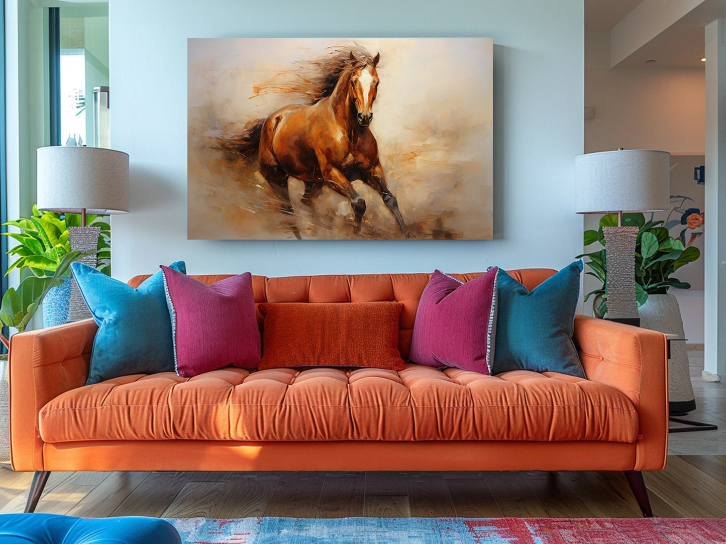 Horse Oil Painting - Galloping Brown Horse Canvas Art Print | Museum Quality