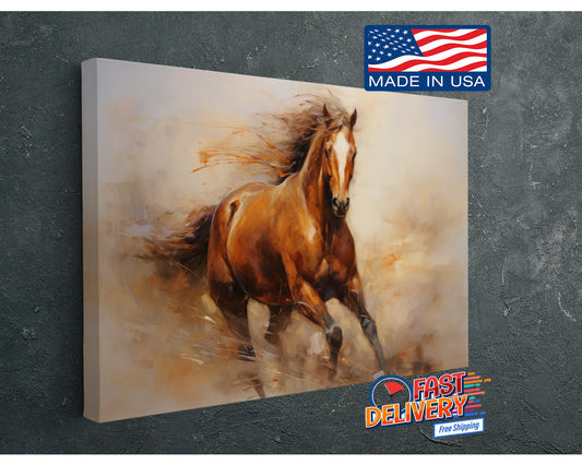 Horse Oil Painting - Galloping Brown Horse Canvas Art Print | Museum Quality