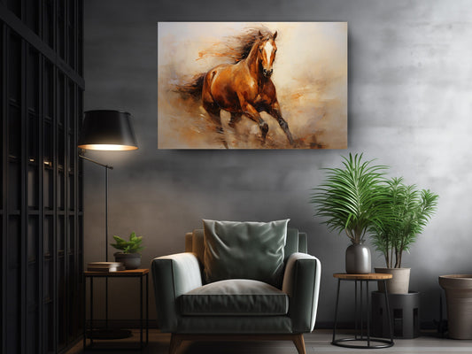 Horse Oil Painting - Galloping Brown Horse Canvas Art Print | Museum Quality