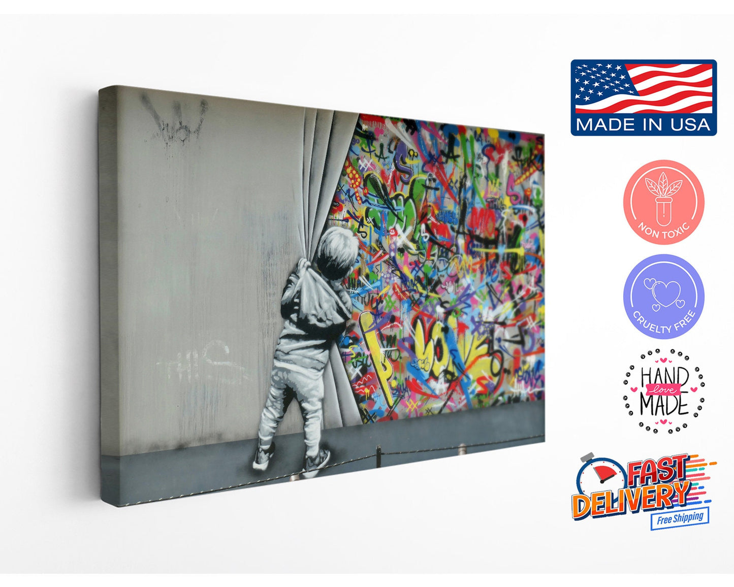 Banksy Canvas Print – Kid Peeking Graffiti Art on Museum Quality Canvas