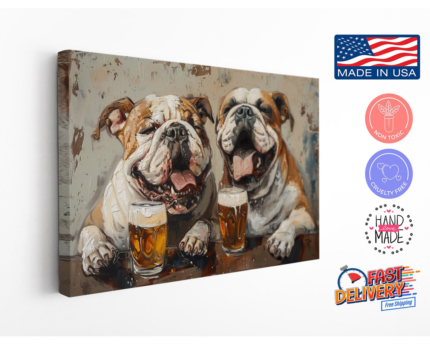 Bulldog Canvas Print - Beer Drinking Dogs Wall Art | Ready to Hang Canvas Decor