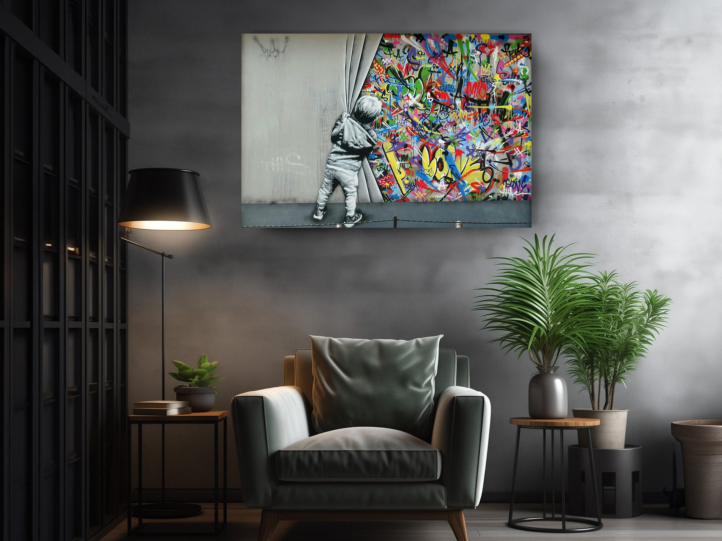 Banksy Canvas Print – Kid Peeking Graffiti Art on Museum Quality Canvas