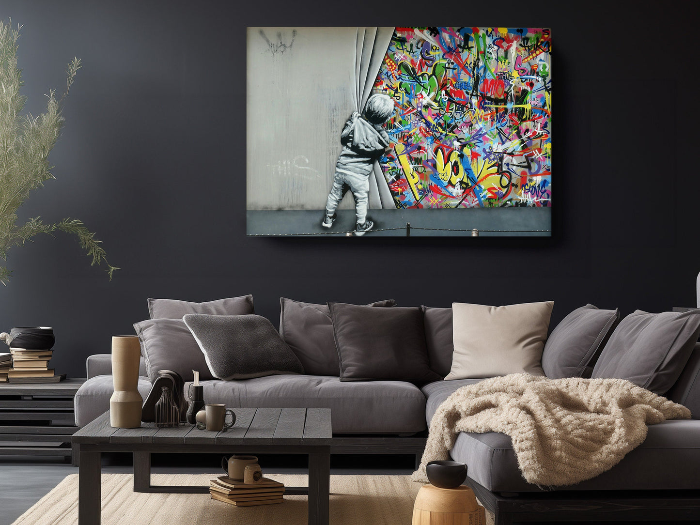 Banksy Canvas Print – Kid Peeking Graffiti Art on Museum Quality Canvas