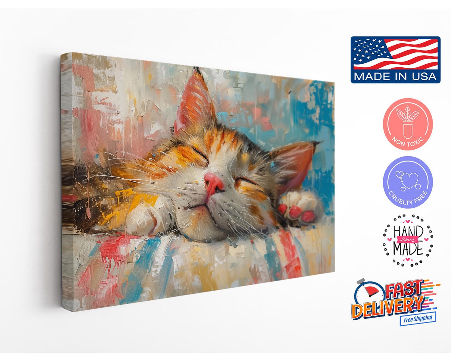 Cat Wall Art - Colorful Oil Painting Print | Rolled or Framed Canvas