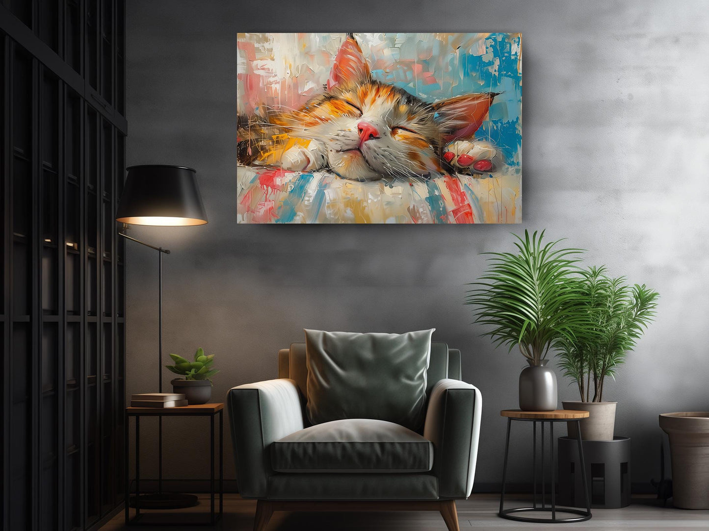 Cat Wall Art - Colorful Oil Painting Print | Rolled or Framed Canvas