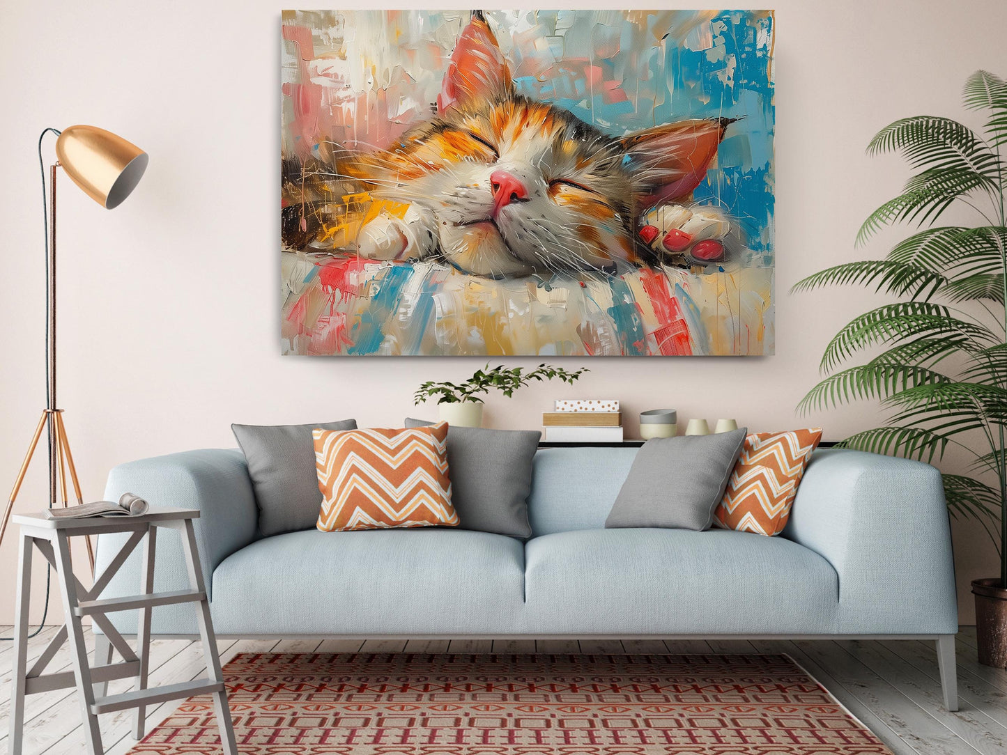 Cat Wall Art - Colorful Oil Painting Print | Rolled or Framed Canvas