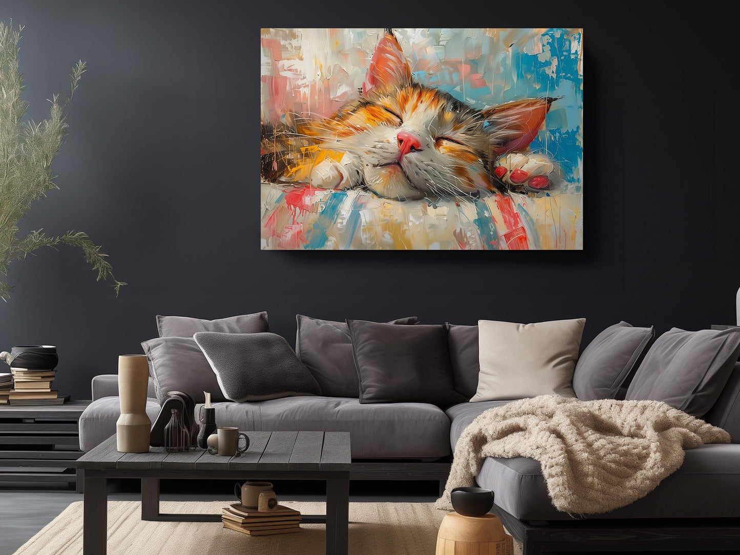 Cat Wall Art - Colorful Oil Painting Print | Rolled or Framed Canvas