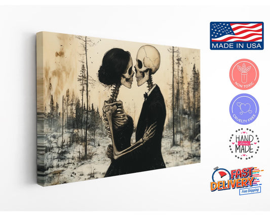 Gothic Romance Wall Art – Skeleton Couple Canvas Print | Museum Quality Decor