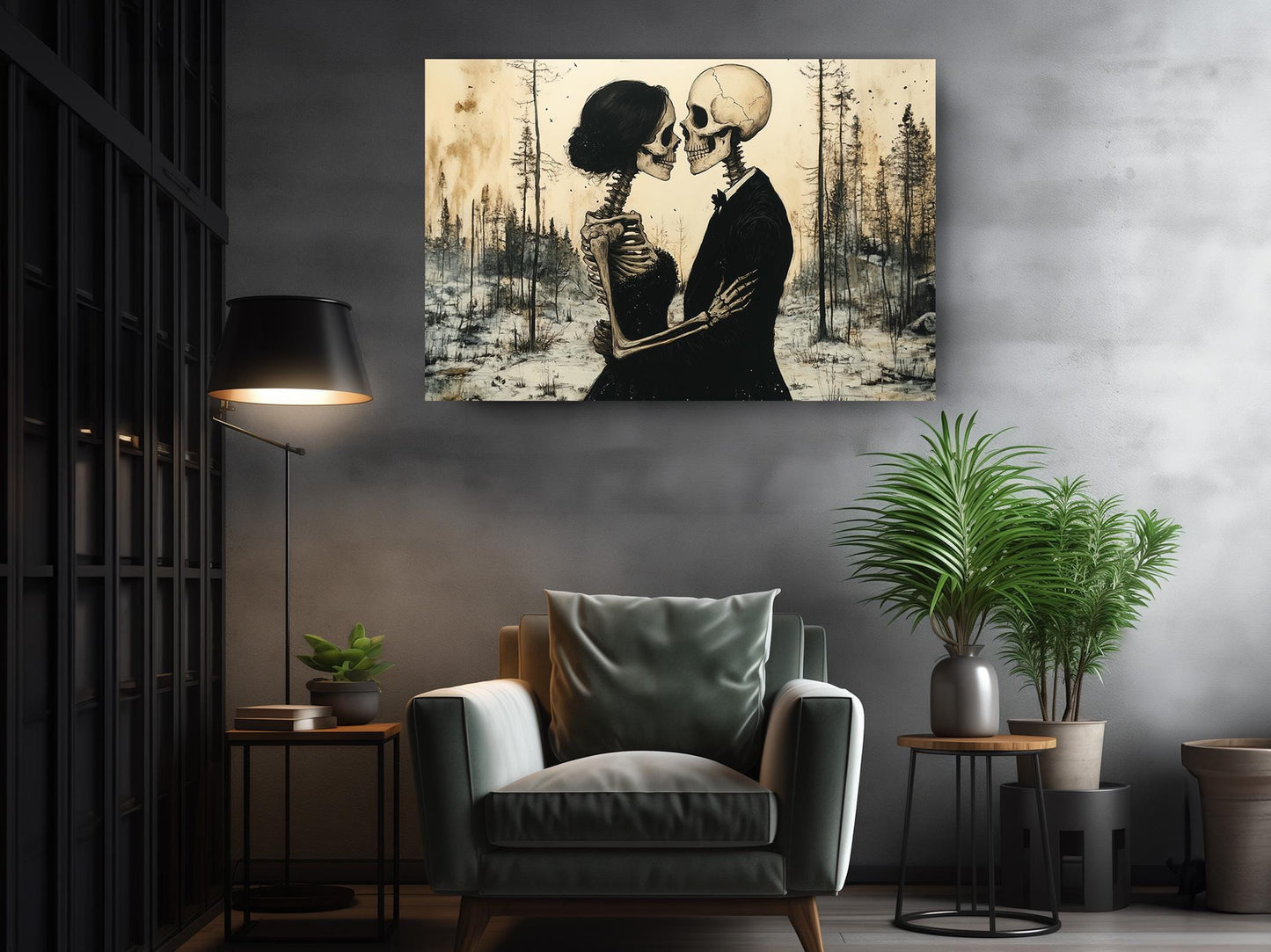 Gothic Romance Wall Art – Skeleton Couple Canvas Print | Museum Quality Decor