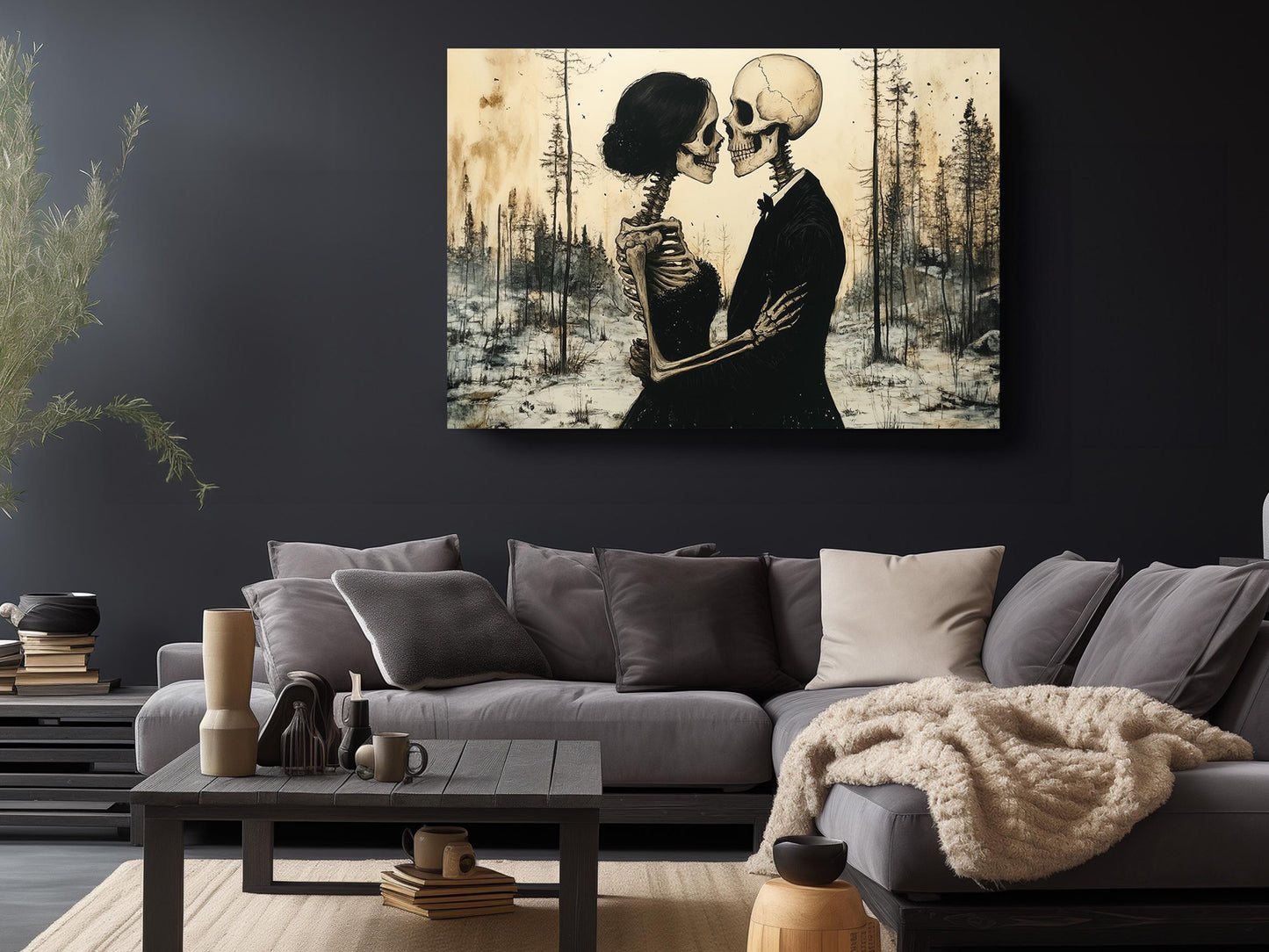 Gothic Romance Wall Art – Skeleton Couple Canvas Print | Museum Quality Decor