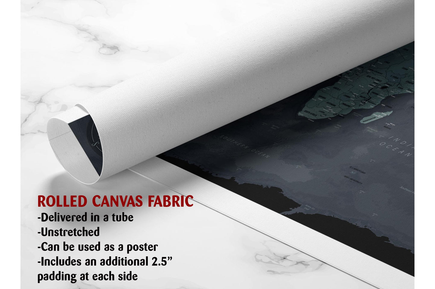 Modern World Map Canvas | Dark Themed Wall Art - Rolled or Ready to Hang