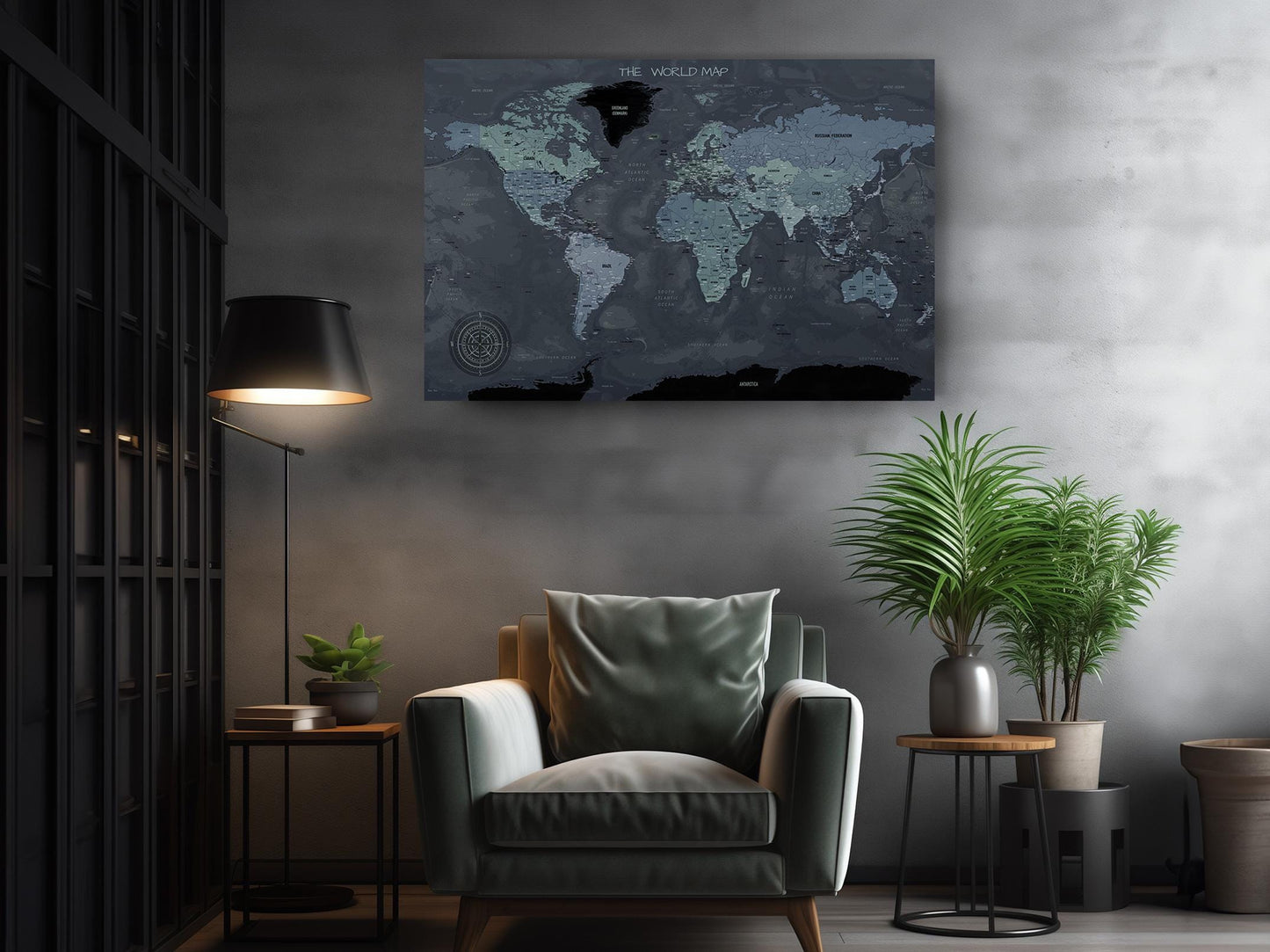 Modern World Map Canvas | Dark Themed Wall Art - Rolled or Ready to Hang