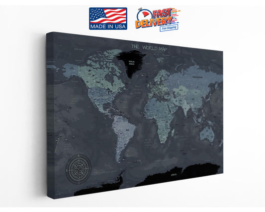 Modern World Map Canvas | Dark Themed Wall Art - Rolled or Ready to Hang