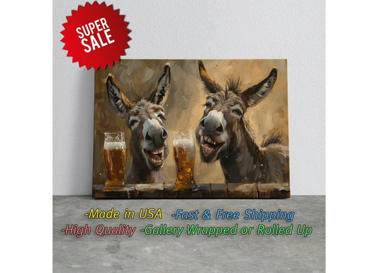 Funny Donkeys Canvas - Humorous Beer Drinking Donkeys Wall Art Print