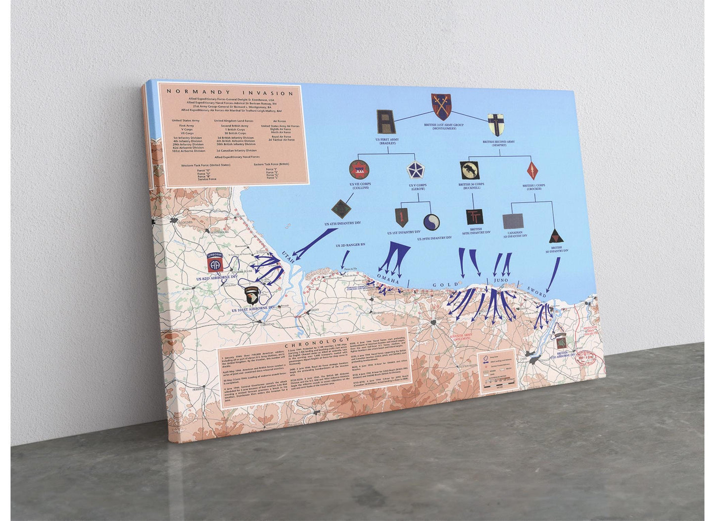 Normandy Invasion Canvas - D-Day Map Art | WWII Wall Decor | Ready to Hang or Rolled Print
