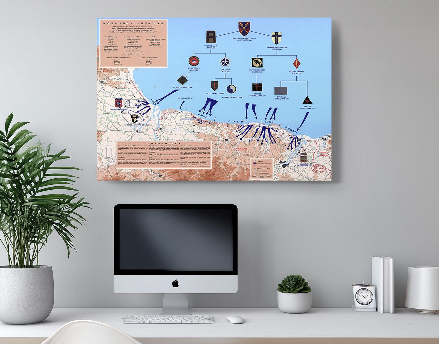 Normandy Invasion Canvas - D-Day Map Art | WWII Wall Decor | Ready to Hang or Rolled Print
