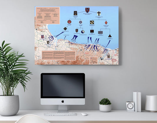 Normandy Invasion Canvas - D-Day Map Art | WWII Wall Decor | Ready to Hang or Rolled Print
