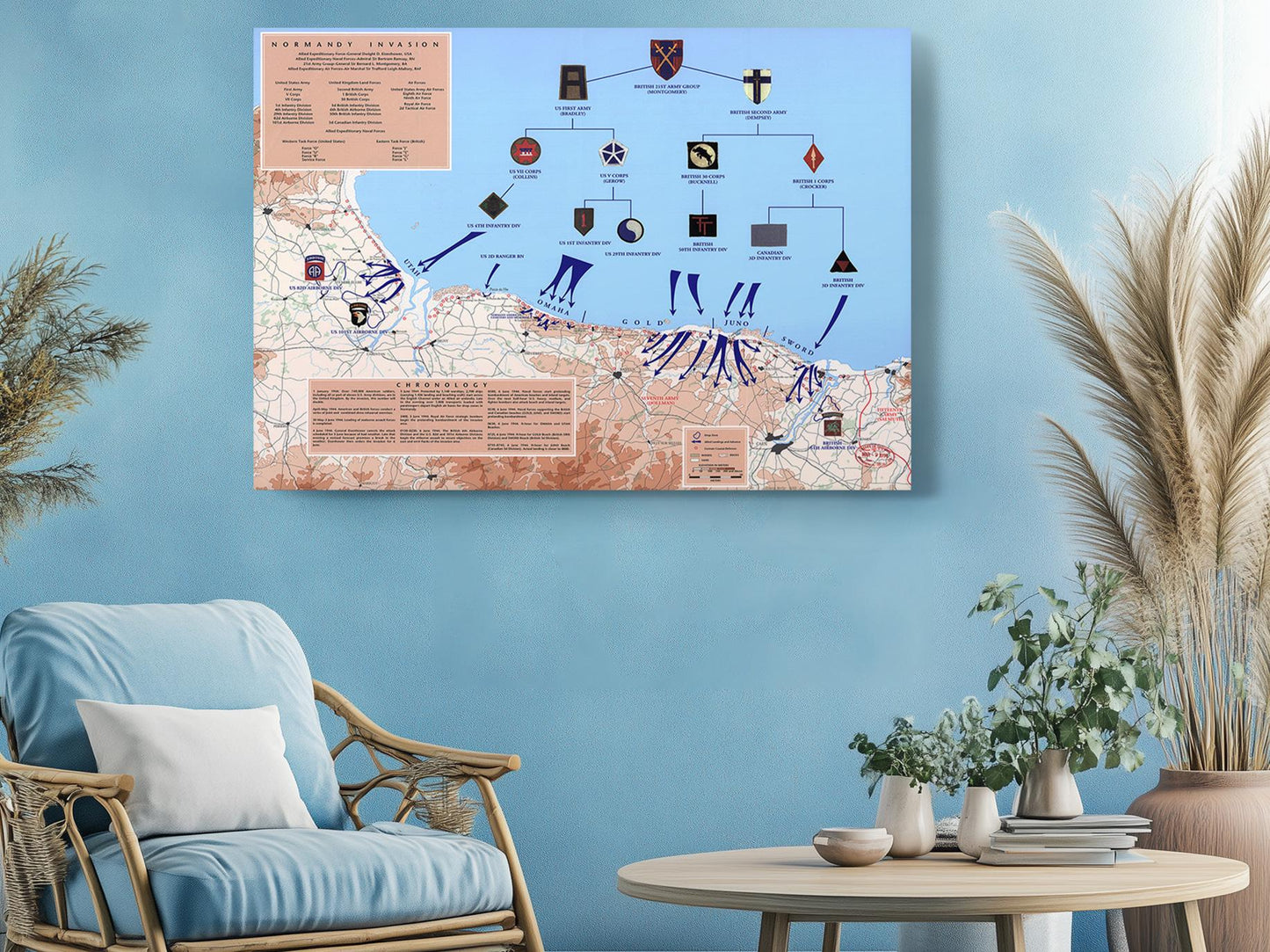 Normandy Invasion Canvas - D-Day Map Art | WWII Wall Decor | Ready to Hang or Rolled Print