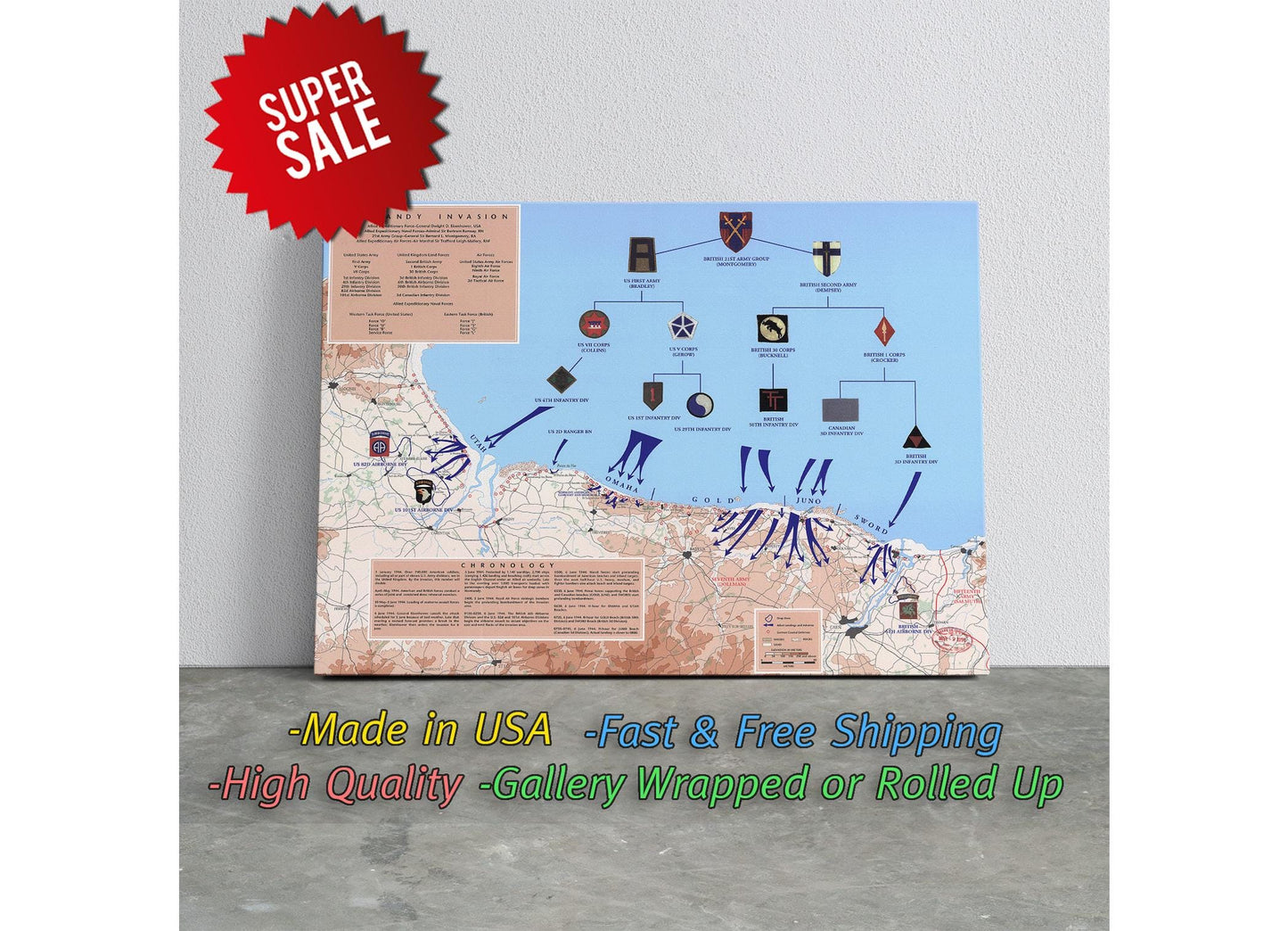 Normandy Invasion Canvas - D-Day Map Art | WWII Wall Decor | Ready to Hang or Rolled Print
