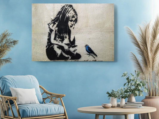 Blue Bird Graffiti Print - Inspirational Urban Wall Canvas, Ready to Hang