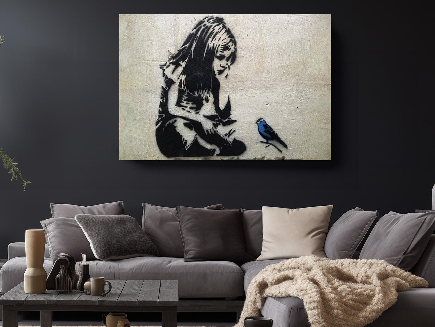 Blue Bird Graffiti Print - Inspirational Urban Wall Canvas, Ready to Hang