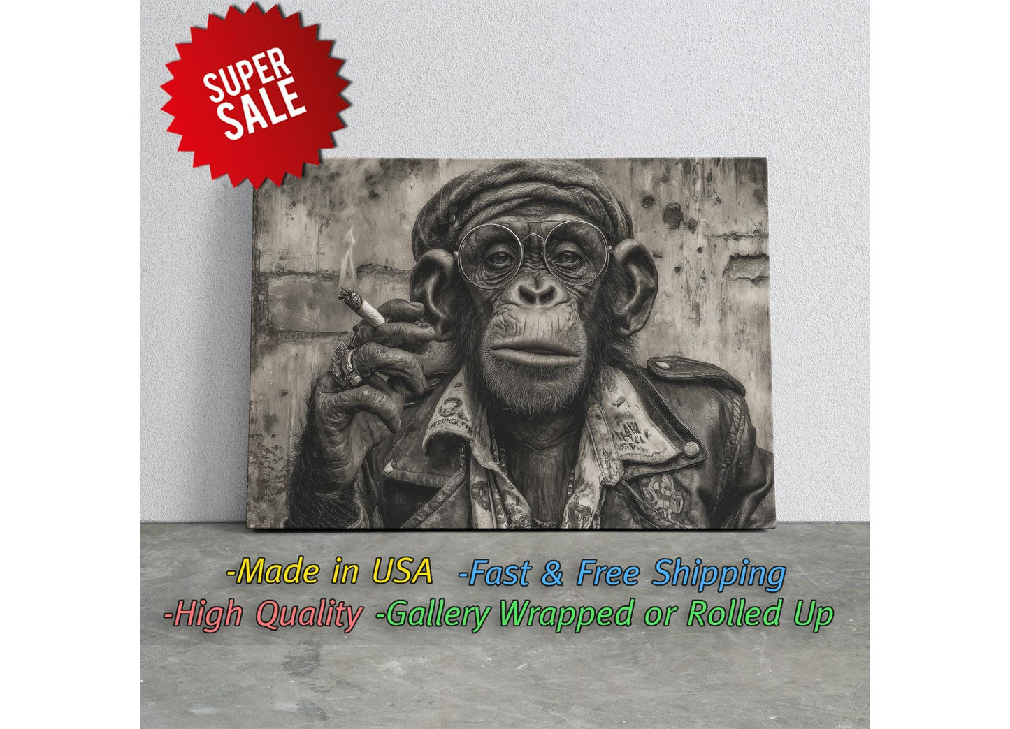 Smoking Monkey Wall Art – Funky Animal Canvas Portrait | Ready to Hang