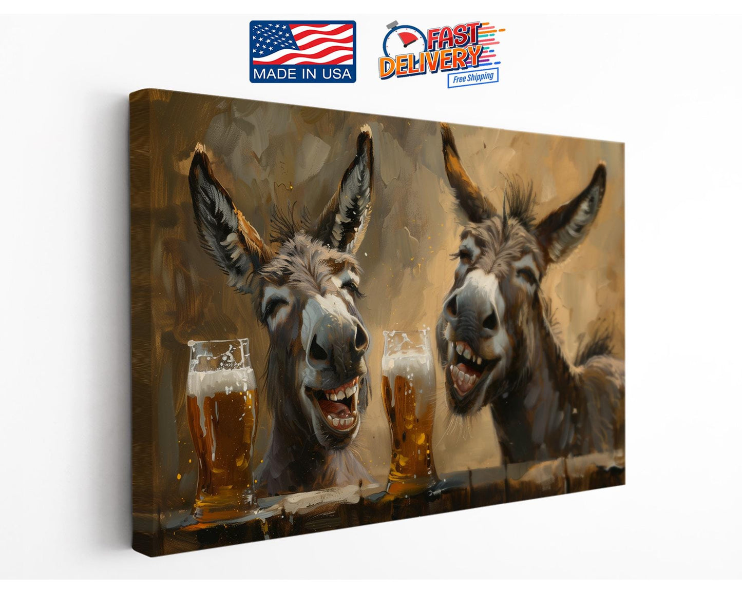 Funny Donkeys Canvas - Humorous Beer Drinking Donkeys Wall Art Print