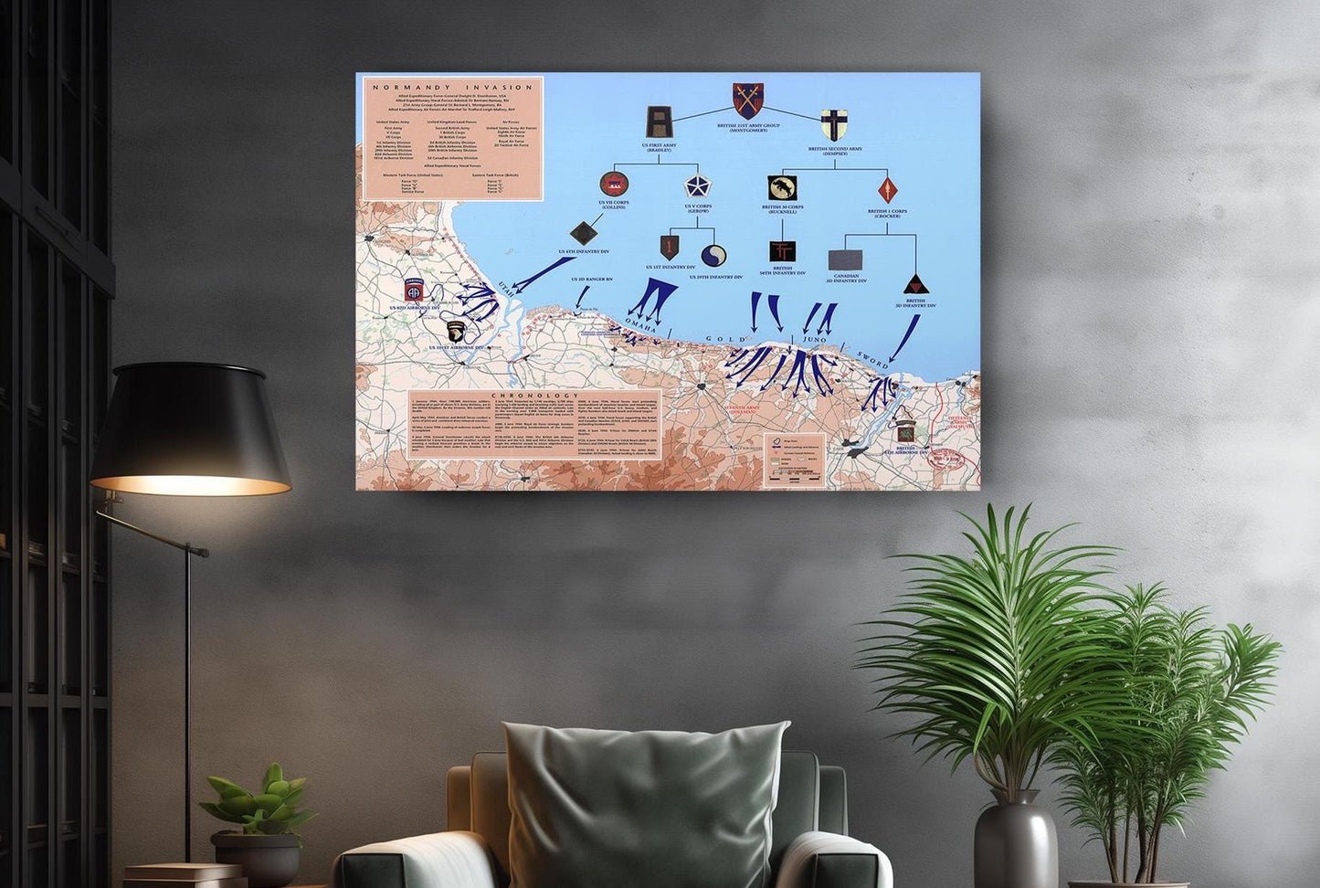 Normandy Invasion Canvas - D-Day Map Art | WWII Wall Decor | Ready to Hang or Rolled Print