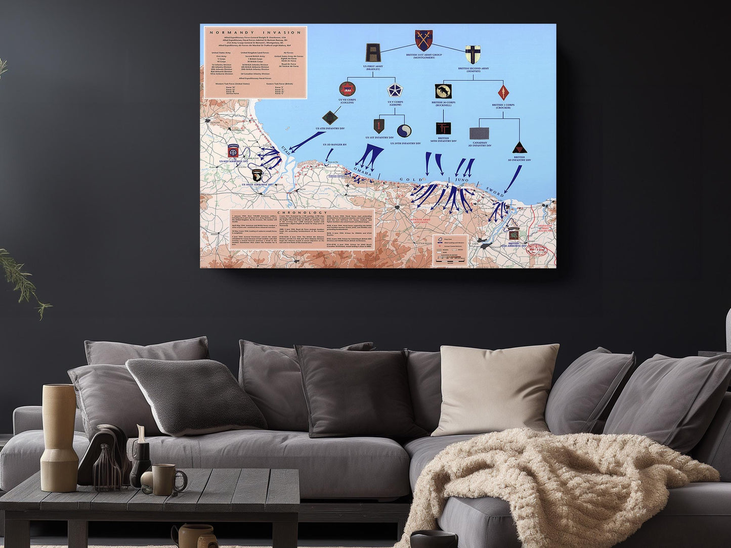 Normandy Invasion Canvas - D-Day Map Art | WWII Wall Decor | Ready to Hang or Rolled Print