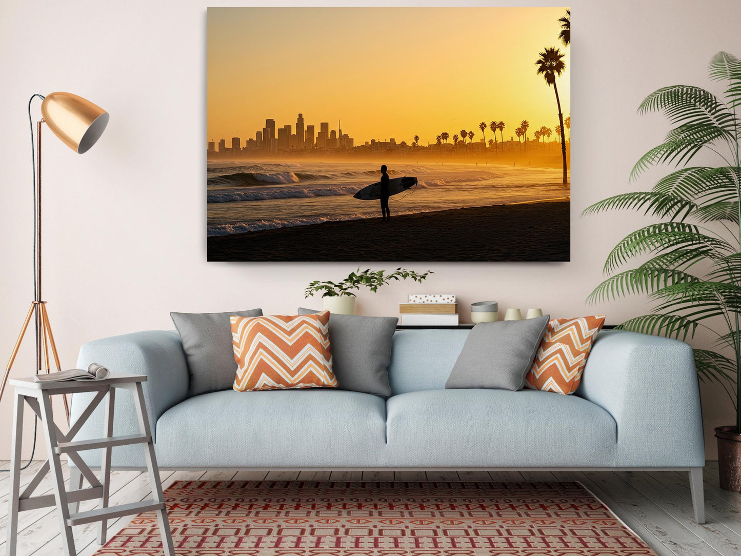 California Sunset Canvas Print – Surfer Silhouette Coastal Wall Art, Ready to Hang
