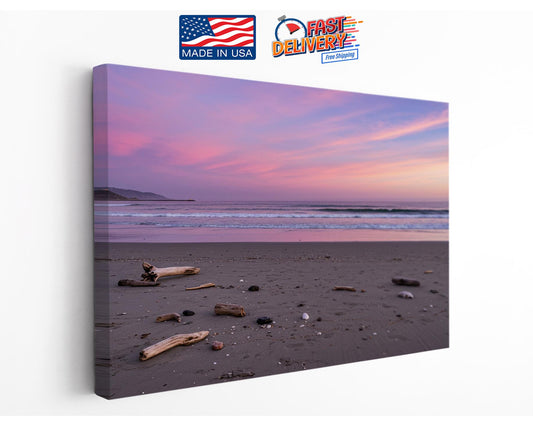 Pastel Sunset Beach Canvas | Coastal Wall Art - Driftwood Shore Print, Museum Quality