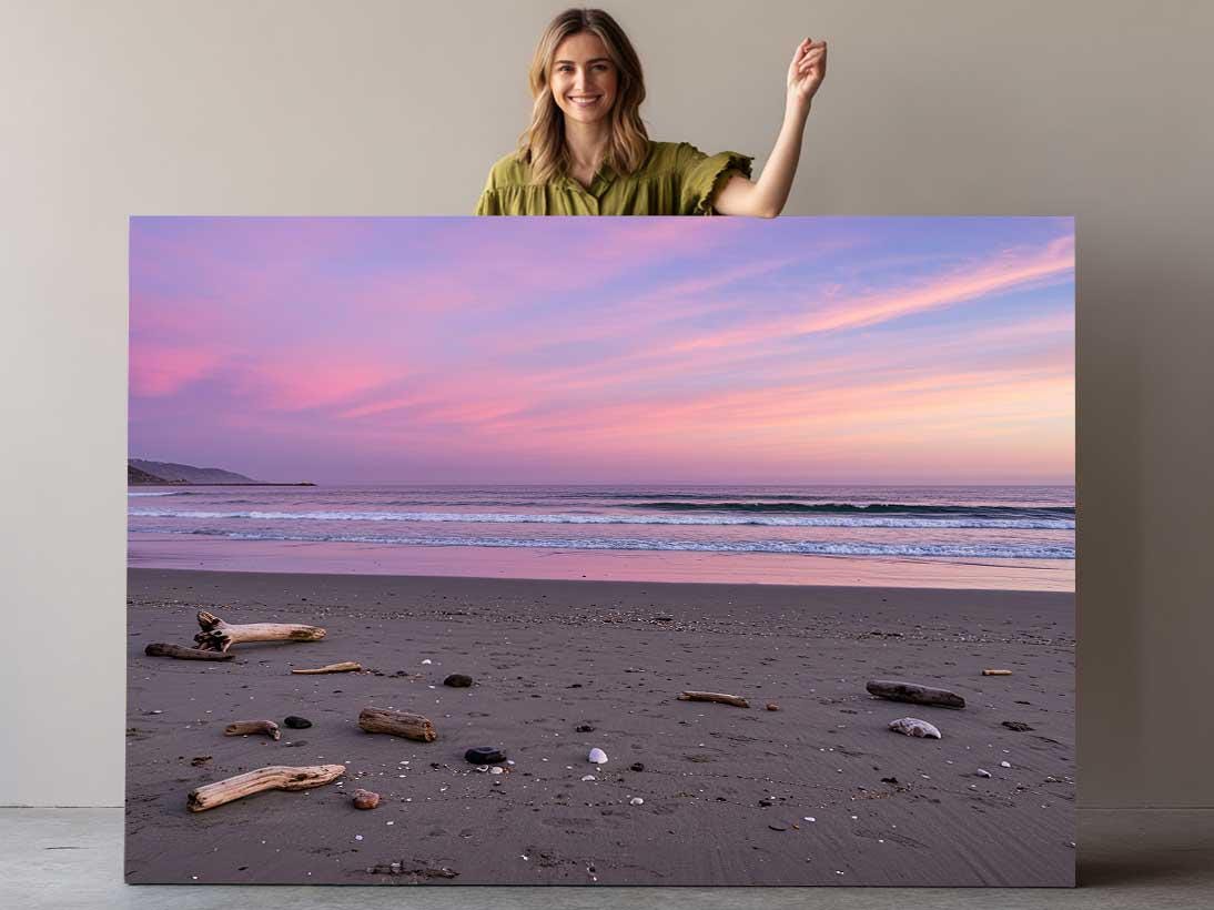 Pastel Sunset Beach Canvas | Coastal Wall Art - Driftwood Shore Print, Museum Quality