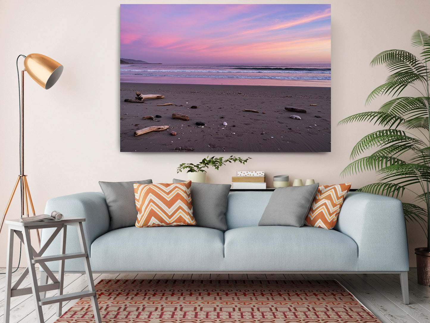 Pastel Sunset Beach Canvas | Coastal Wall Art - Driftwood Shore Print, Museum Quality