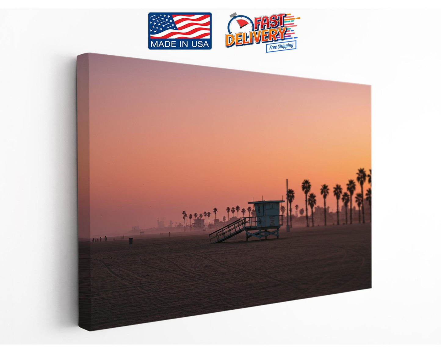 Lifeguard Tower Canvas Print – Sunset Coastal Wall Art with Wood Frame