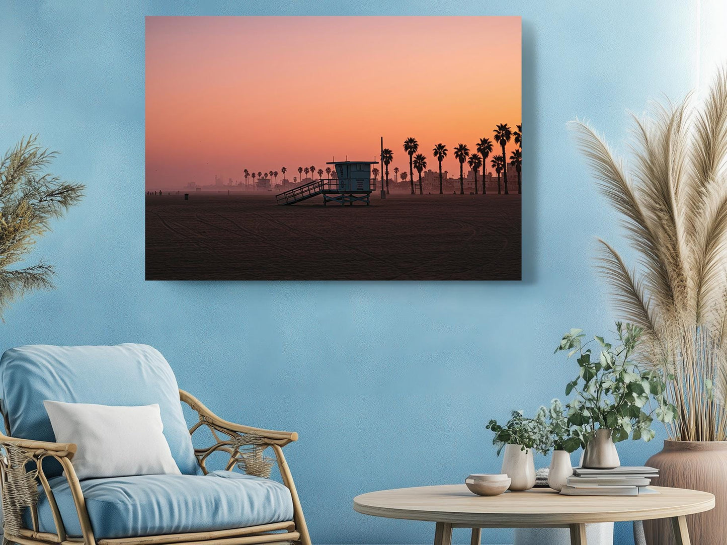 Lifeguard Tower Canvas Print – Sunset Coastal Wall Art with Wood Frame