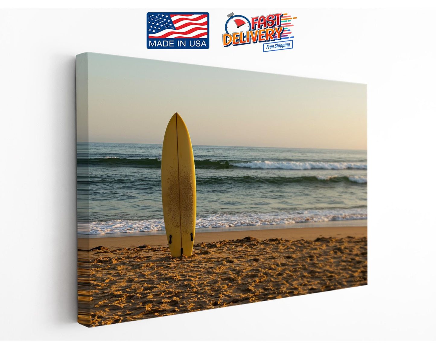 Surfboard Beach Canvas | Coastal Wall Art - Golden Sand Print on Wood Frame