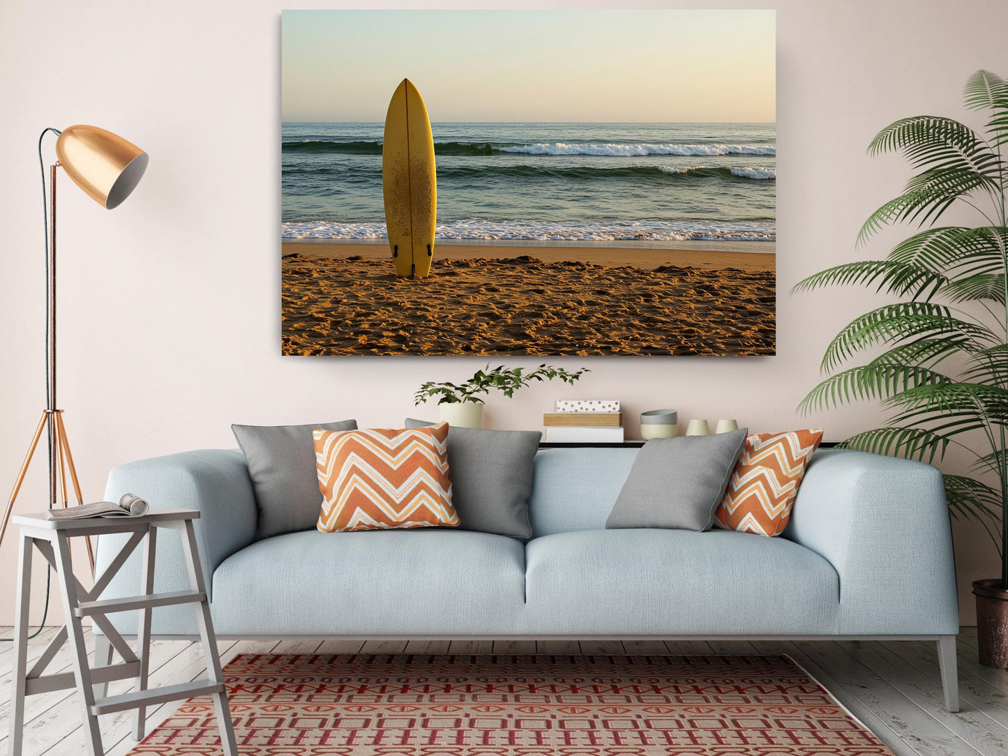 Surfboard Beach Canvas | Coastal Wall Art - Golden Sand Print on Wood Frame