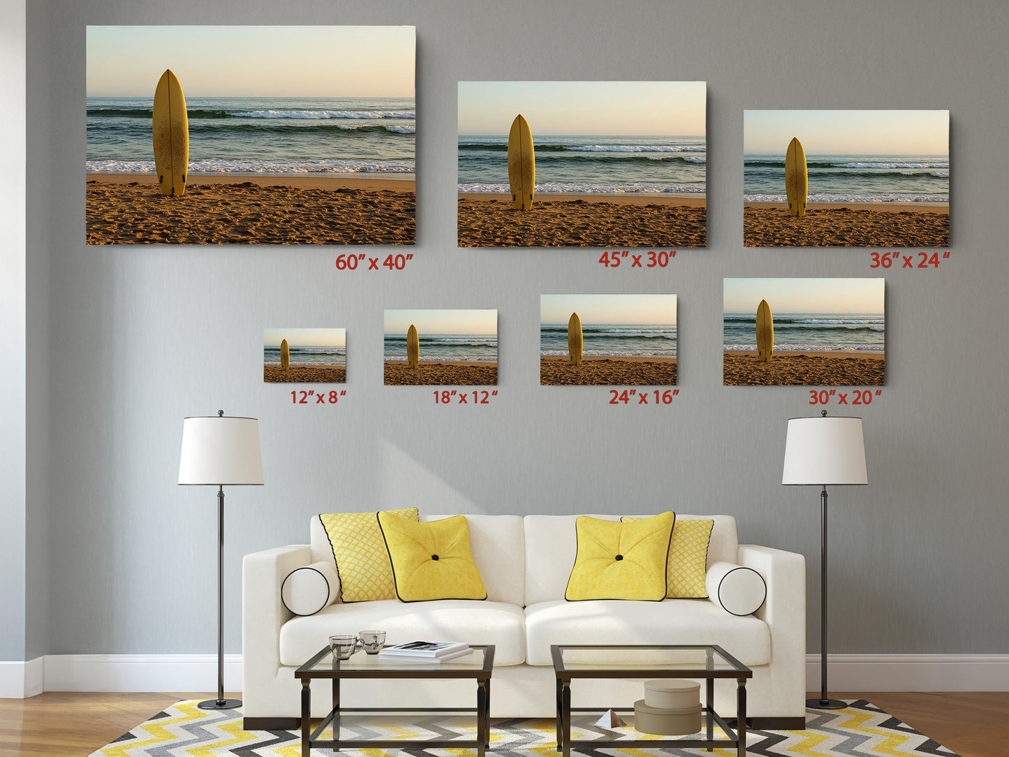 Surfboard Beach Canvas | Coastal Wall Art - Golden Sand Print on Wood Frame