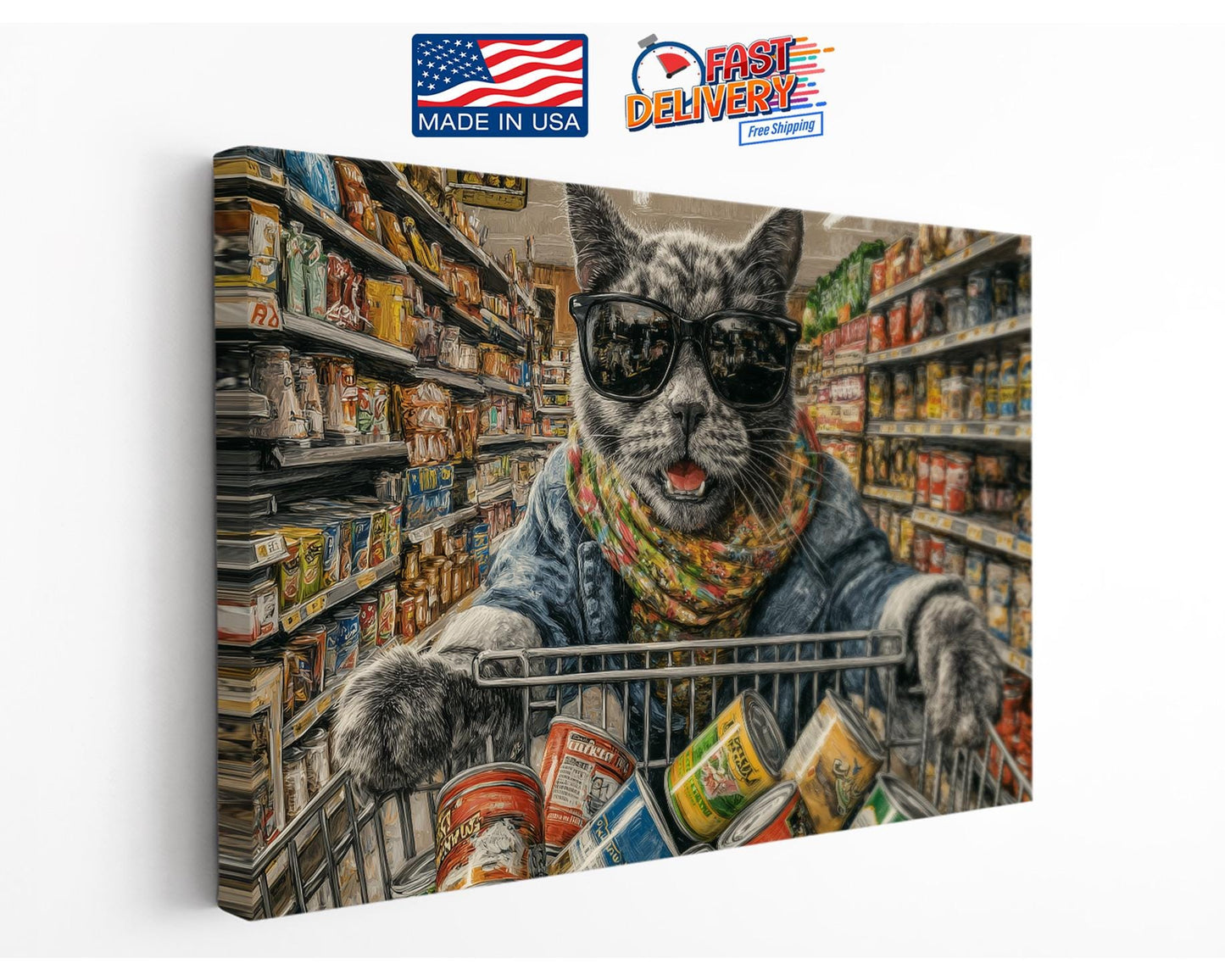 Cat Canvas Art - Funny Grocery Shopper Print | Colorful Kitchen Wall Decor
