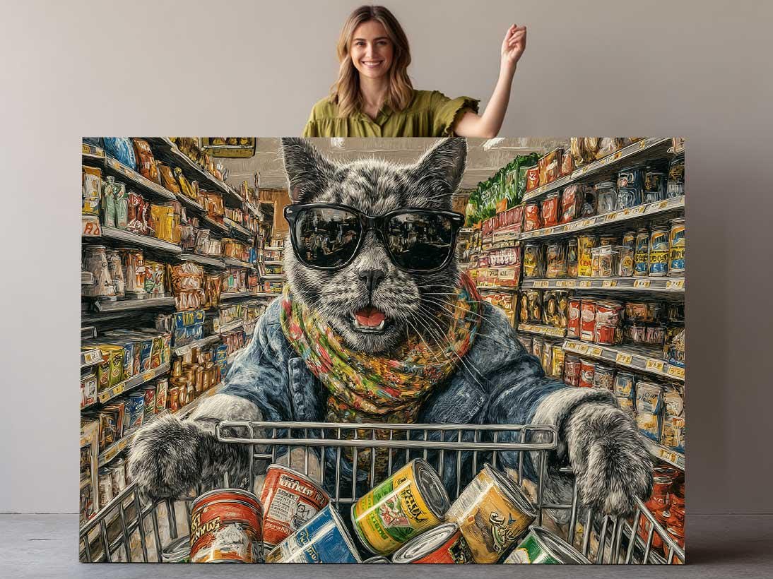 Cat Canvas Art - Funny Grocery Shopper Print | Colorful Kitchen Wall Decor